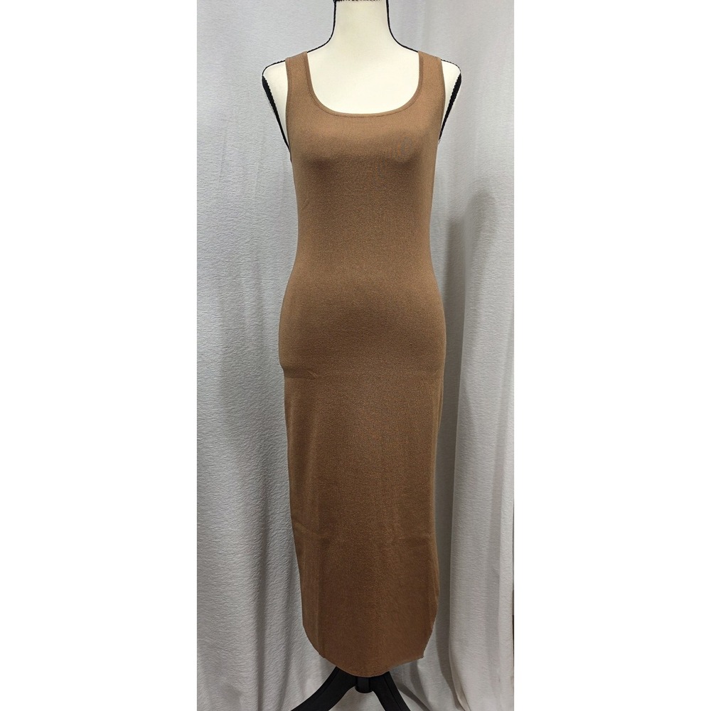 Satuun Brown NWT Scoop Neck Side Slit Midi Bodycon Dress Size M Minimalist Chic